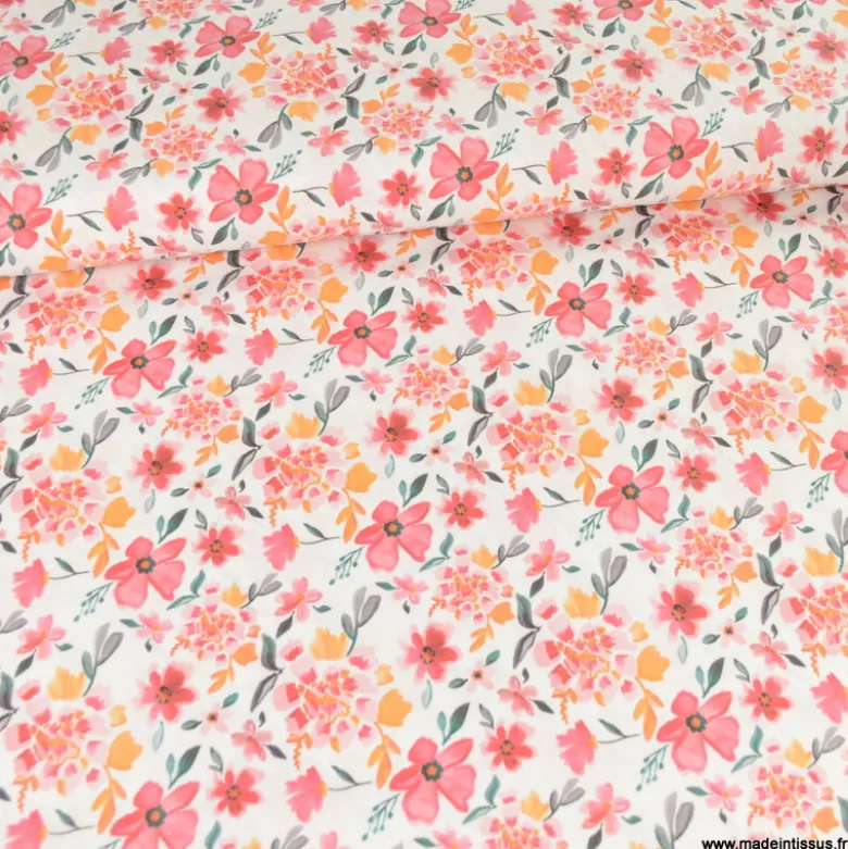 Tissu coton Felis motif fleurs aquarelle roses fond blanc