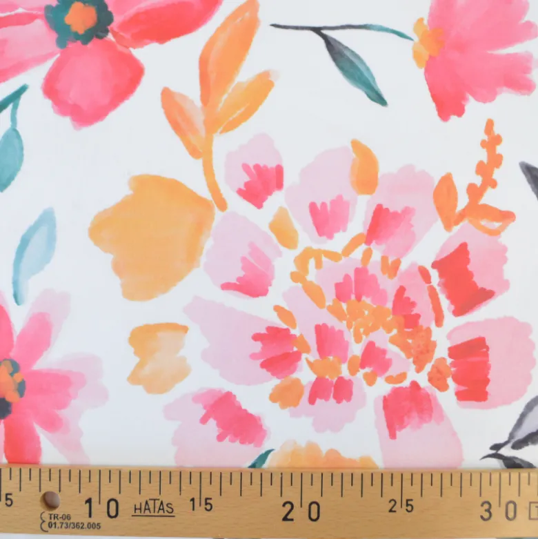 Tissu coton Felis XXL motif fleurs aquarelle roses fond blanc
