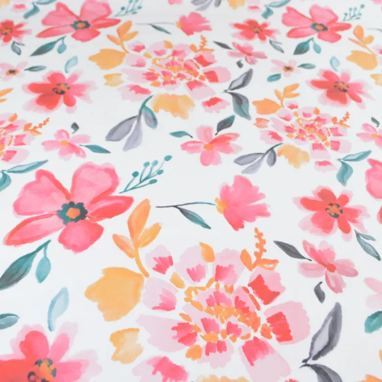 Tissu coton Felis XXL motif fleurs aquarelle roses fond blanc