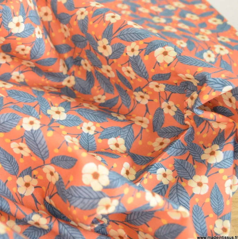 Tissu coton fleuri fond corail Moon Light Garden - RJR fabric - OEKO TEX