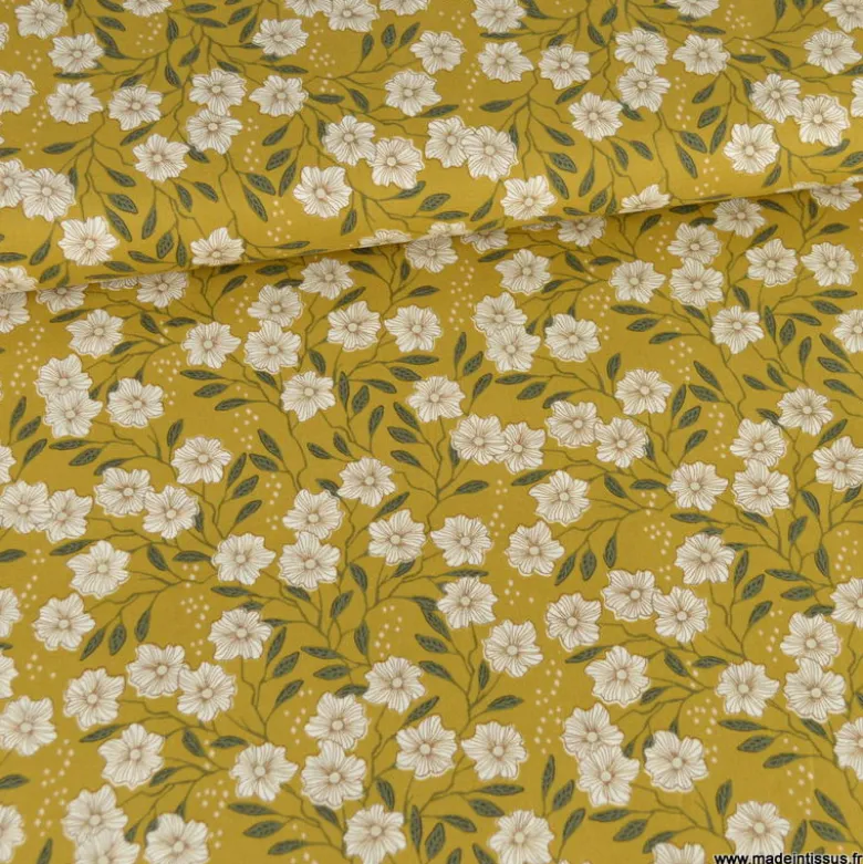 Tissu coton fleuri fond moutarde - RJR fabric - Get out and explore
