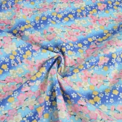 Tissu coton Foil motif fleurs cerisier Japonais - Bleu