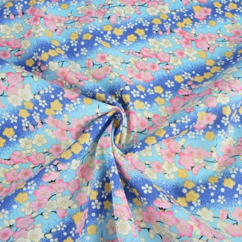 Tissu coton Foil motif fleurs cerisier Japonais - Bleu