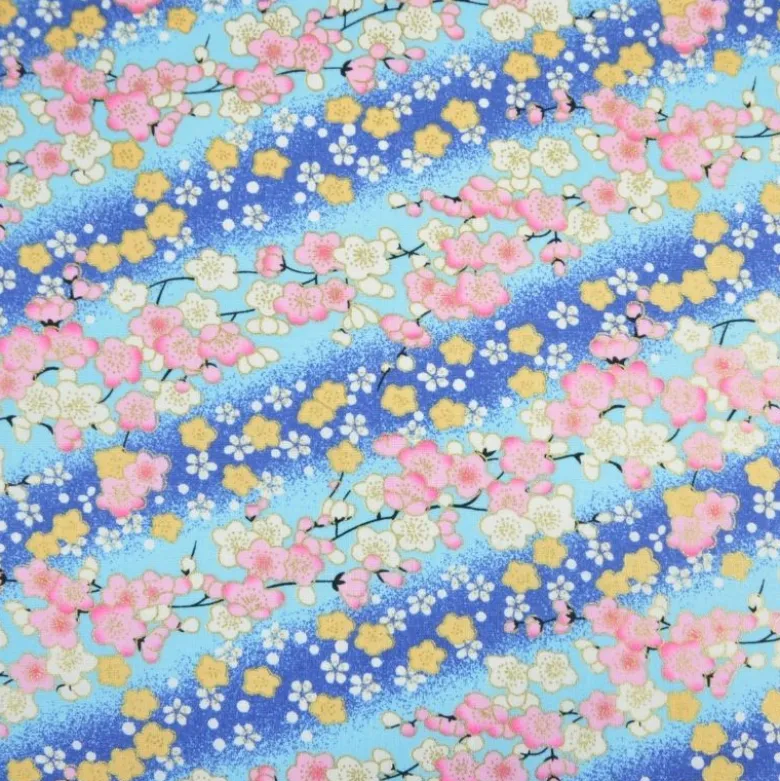 Tissu coton Foil motif fleurs cerisier Japonais - Bleu