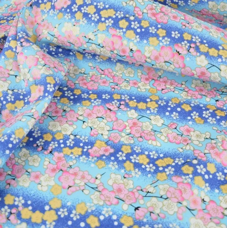 Tissu coton Foil motif fleurs cerisier Japonais - Bleu