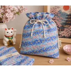 Tissu coton Foil motif fleurs cerisier Japonais - Bleu