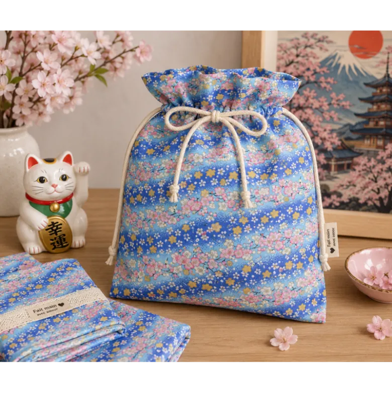 Tissu coton Foil motif fleurs cerisier Japonais - Bleu