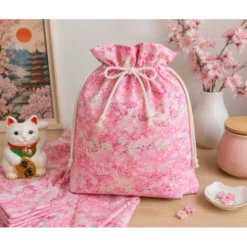 Tissu coton Foil motif fleurs cerisier Japonais - Rose