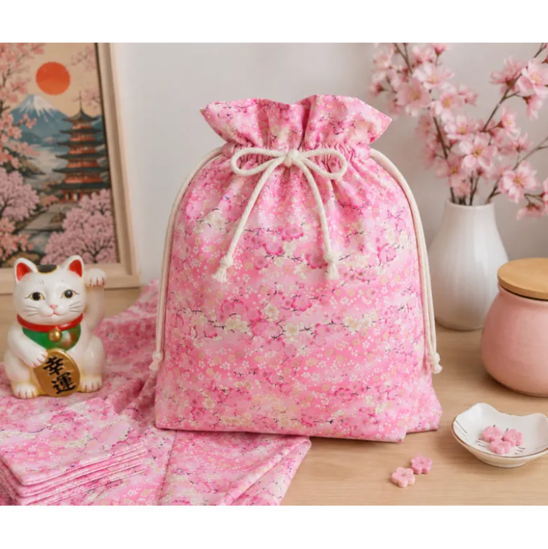 Tissu coton Foil motif fleurs cerisier Japonais - Rose