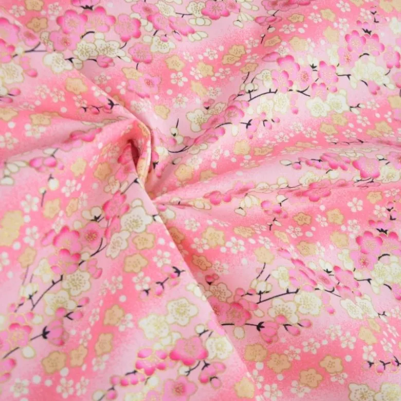 Tissu coton Foil motif fleurs cerisier Japonais - Rose