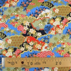 Tissu coton Foil motif traditionnels bleu, rouge et or