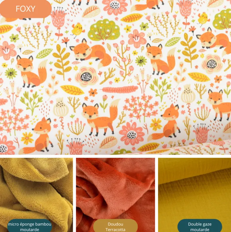Tissu coton Foxy motifs renards et feuillages - oeko tex