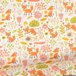 Tissu coton Foxy motifs renards et feuillages - oeko tex