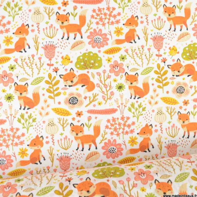 Tissu coton Foxy motifs renards et feuillages - oeko tex