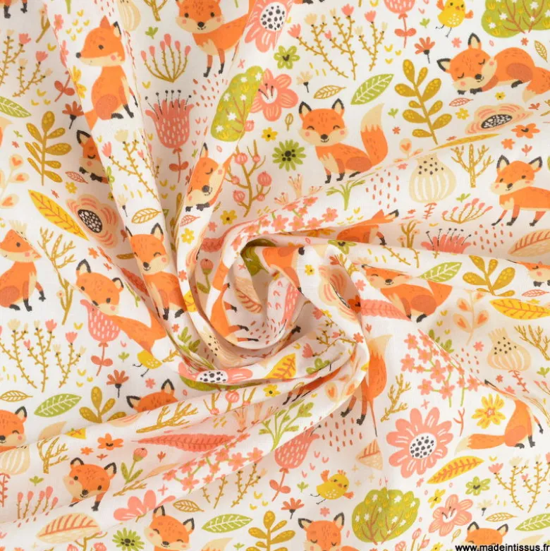 Tissu coton Foxy motifs renards et feuillages - oeko tex