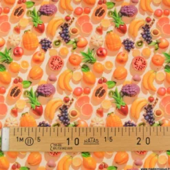 Tissu coton fruits exotiques 3D – Mangue, papaye & agrumes sur fond orange