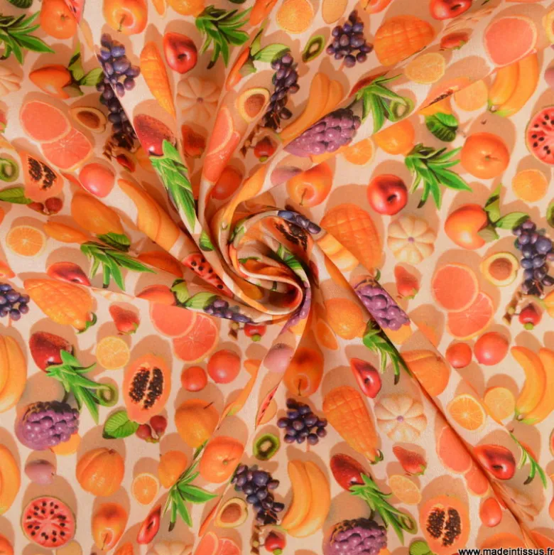 Tissu coton fruits exotiques 3D – Mangue, papaye & agrumes sur fond orange