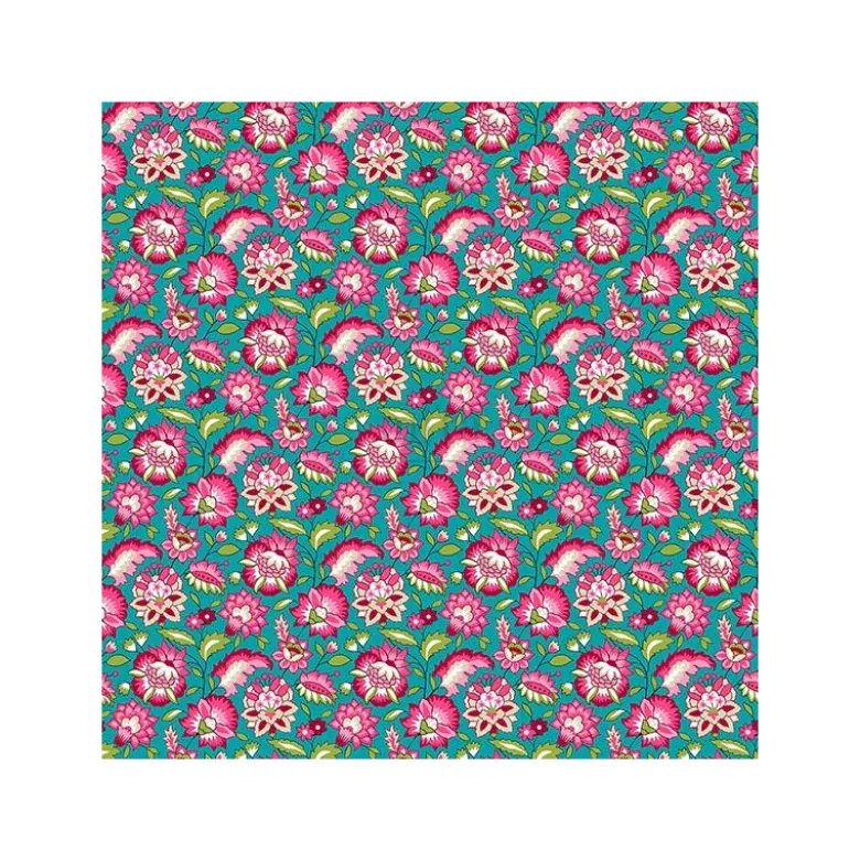 Tissu coton Gange motif fleurs turquoise et rose - OEKO TEX