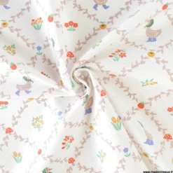 Tissu coton Haga – motif canards et petites fleurs – fond blanc