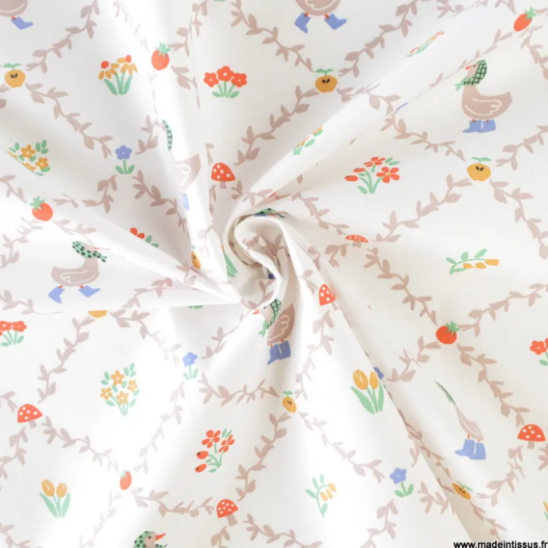 Tissu coton Haga – motif canards et petites fleurs – fond blanc