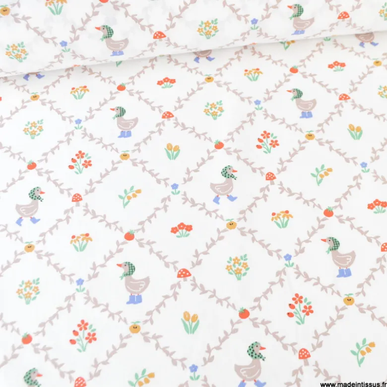 Tissu coton Haga – motif canards et petites fleurs – fond blanc