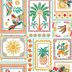 Tissu coton imprimé Bomdia – Motifs tropicaux esprit patchwork Blanc