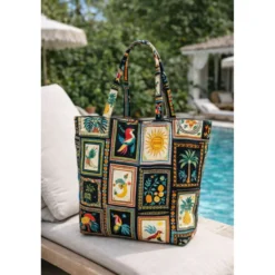 Tissu coton imprimé Bomdia – Motifs tropicaux esprit patchwork Noir