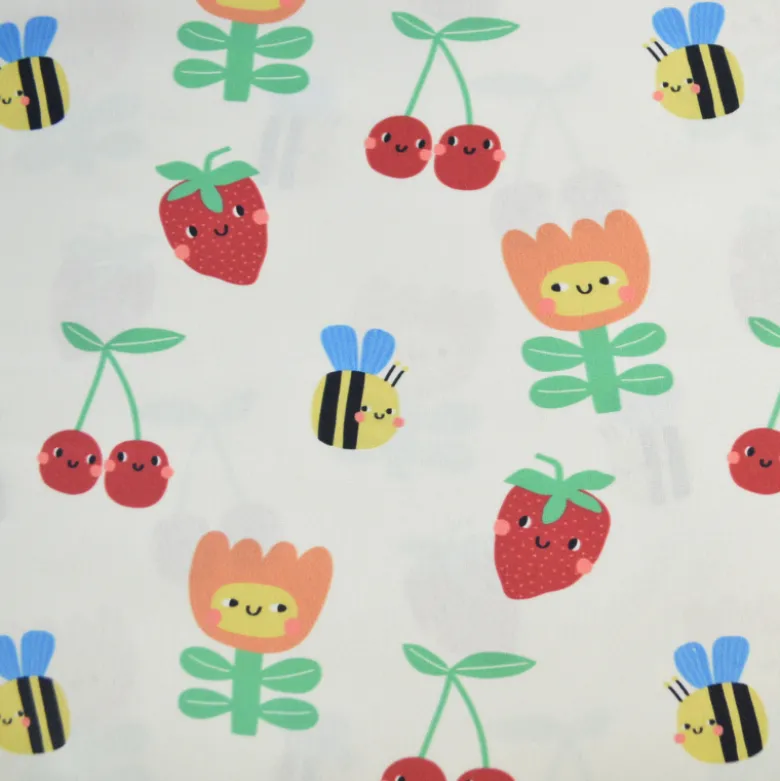 Tissu coton imprimé fleurs et fruits enfantins fond blanc cassé - OEKO TEX