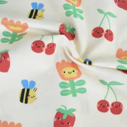 Tissu coton imprimé fleurs et fruits enfantins fond blanc cassé - OEKO TEX