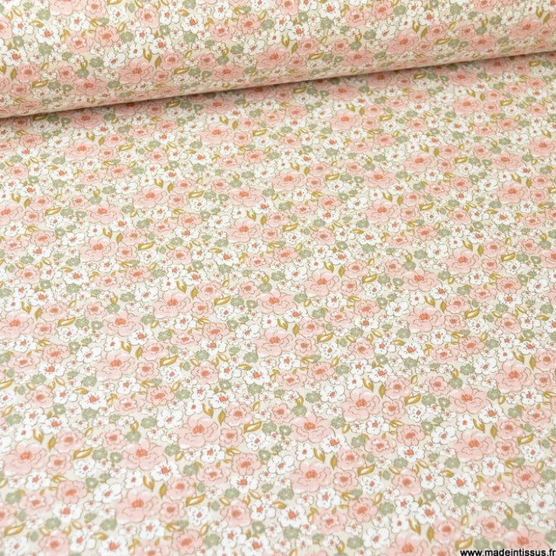 Tissu coton imprimé fleurs Kalmia Rose thé et Thym - OEKO TEX