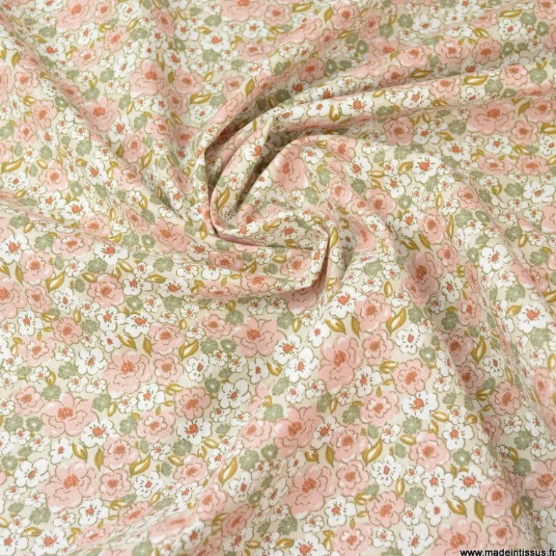Tissu coton imprimé fleurs Kalmia Rose thé et Thym - OEKO TEX