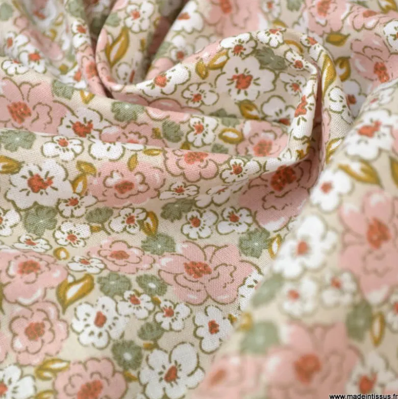 Tissu coton imprimé fleurs Kalmia Rose thé et Thym - OEKO TEX