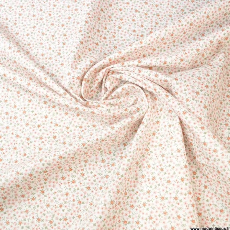 Tissu coton imprimé fleurs Rose thé et Thym - OEKO TEX
