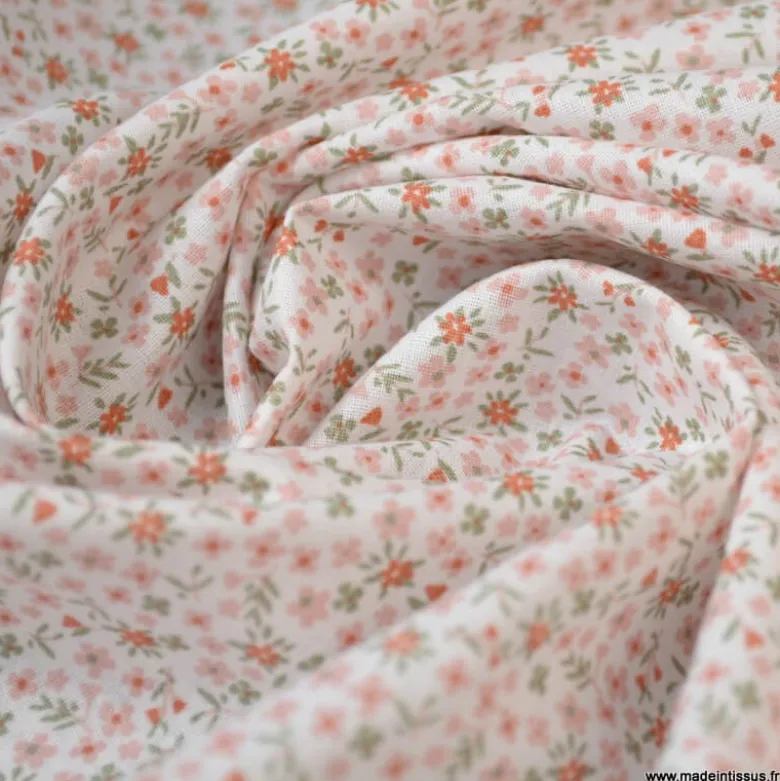 Tissu coton imprimé fleurs Rose thé et Thym - OEKO TEX