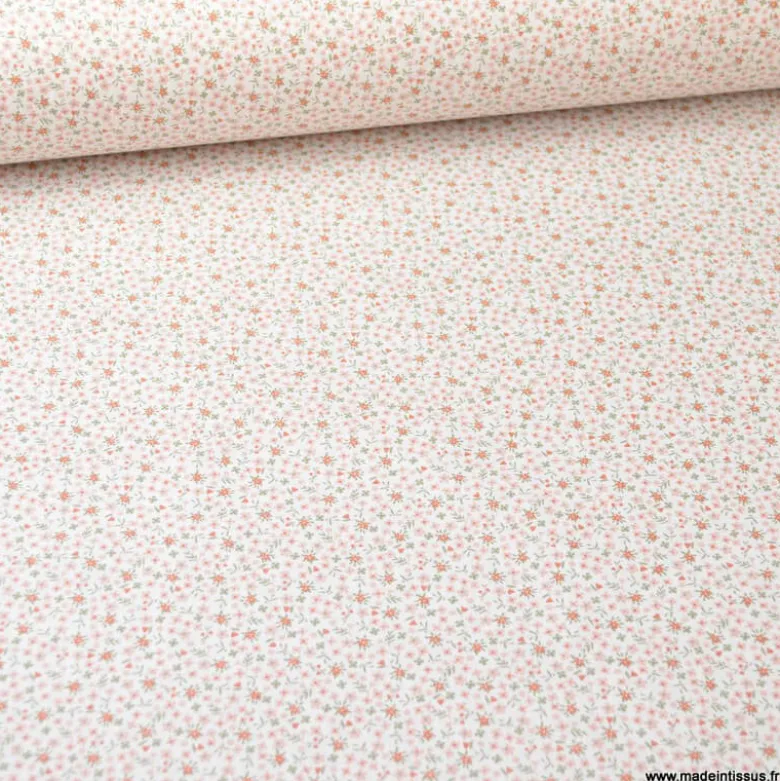Tissu coton imprimé fleurs Rose thé et Thym - OEKO TEX