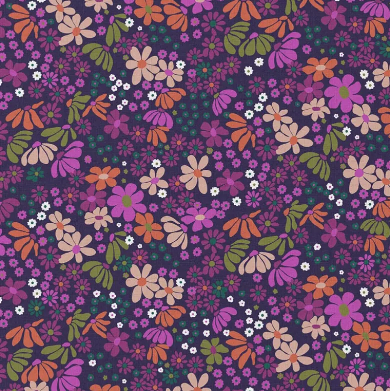 Tissu coton imprimé Maria motif fleurs violet et orange - OEKO TEX