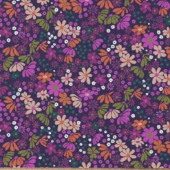 Tissu coton imprimé Maria motif fleurs violet et orange - OEKO TEX