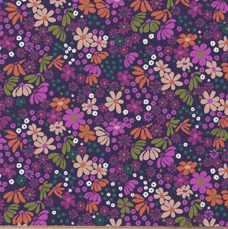 Tissu coton imprimé Maria motif fleurs violet et orange - OEKO TEX