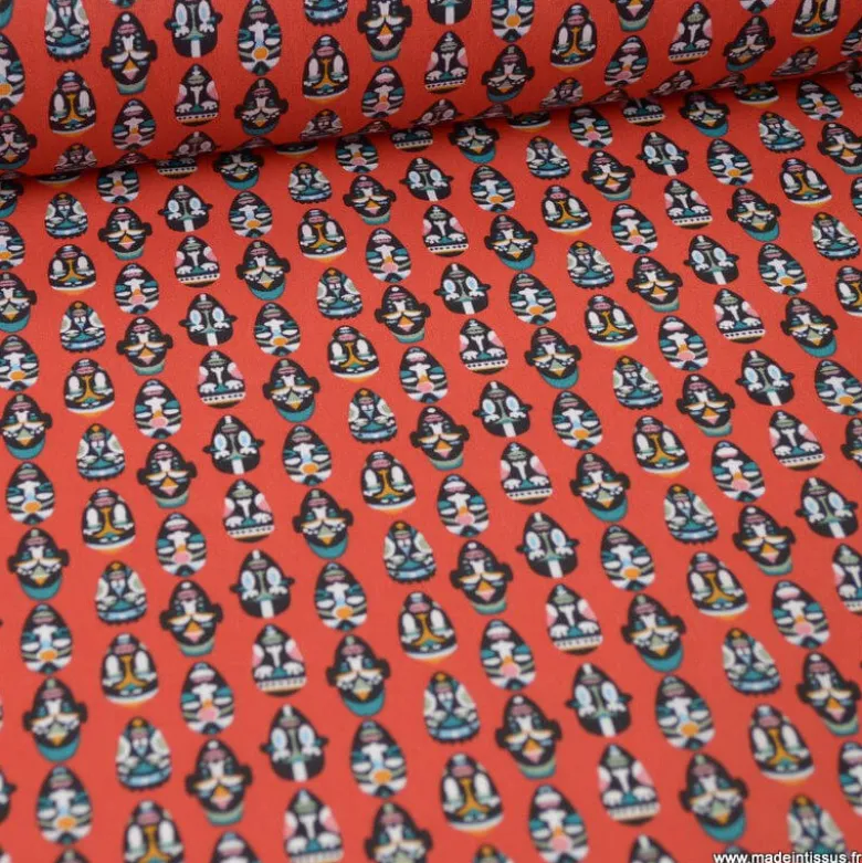 Tissu coton imprimé masques Africains fond Rouge - OEKO TEX