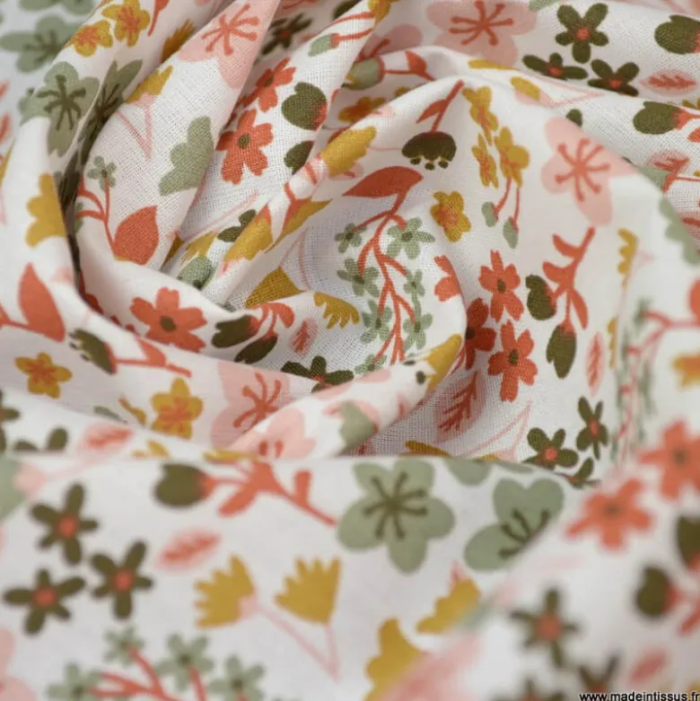 Tissu coton imprimé petites fleurs Rose thé et Thym -OEKO TEX - Motif Milly
