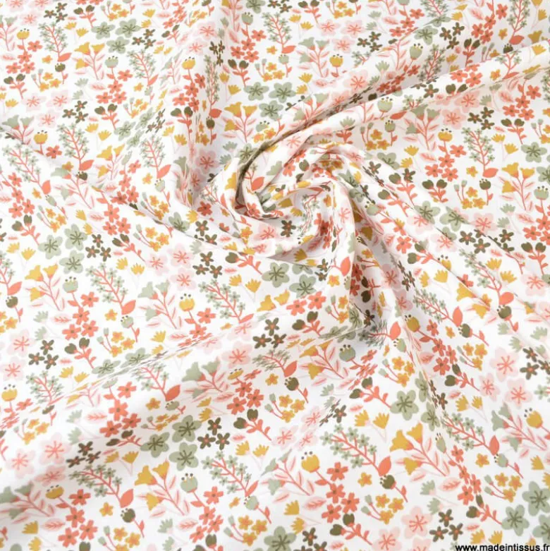 Tissu coton imprimé petites fleurs Rose thé et Thym -OEKO TEX - Motif Milly