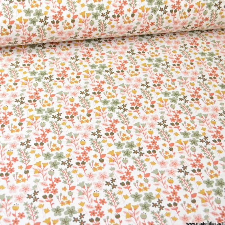 Tissu coton imprimé petites fleurs Rose thé et Thym -OEKO TEX - Motif Milly
