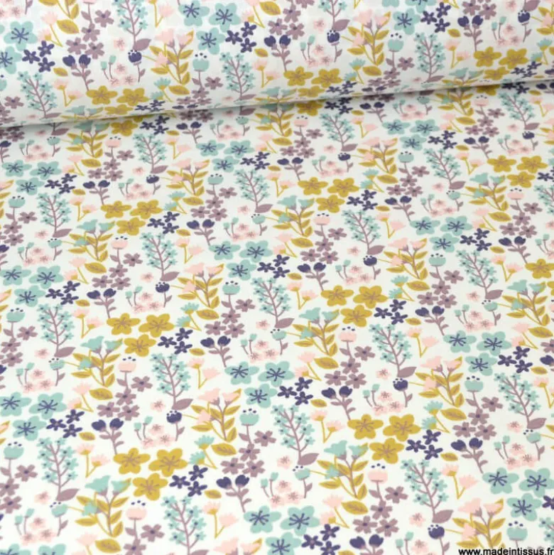 Tissu coton imprimé petites fleurs ocre, céladon et violine -OEKO TEX - Motif Milly