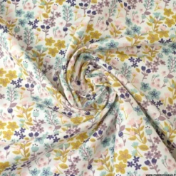 Tissu coton imprimé petites fleurs ocre, céladon et violine -OEKO TEX - Motif Milly