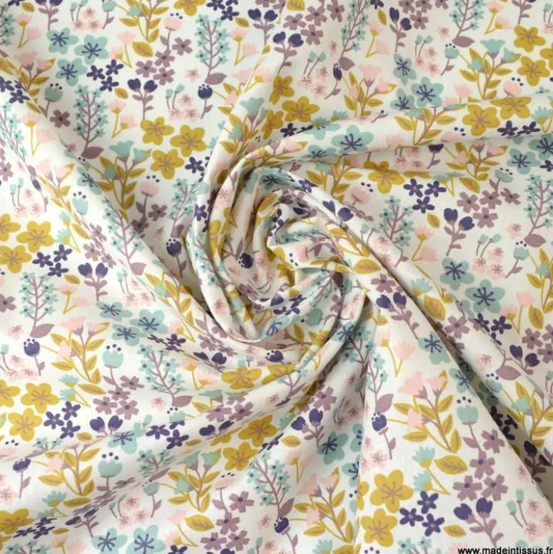 Tissu coton imprimé petites fleurs ocre, céladon et violine -OEKO TEX - Motif Milly