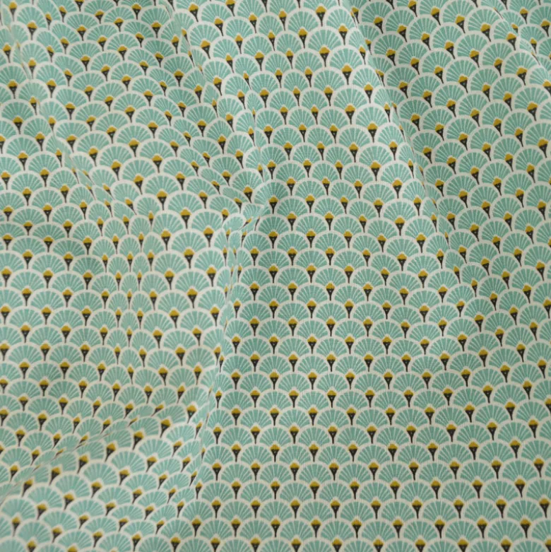Tissu coton imprimé éventails écailles - Lagon - OEKO TEX
