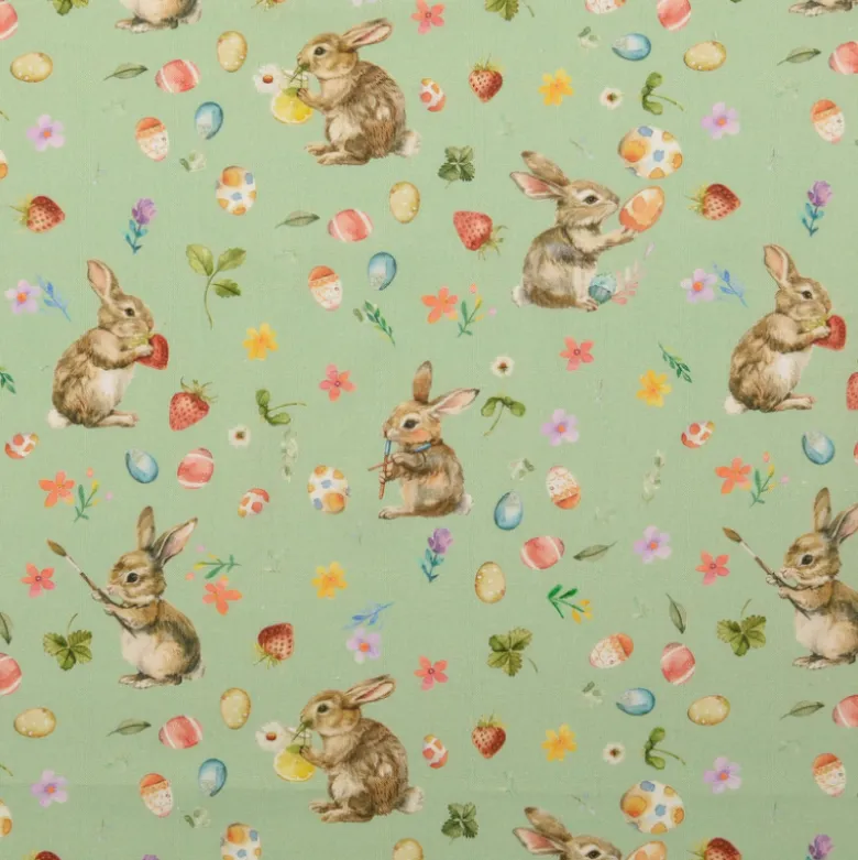 Tissu coton lapins et oeufs de Pâques fond vert