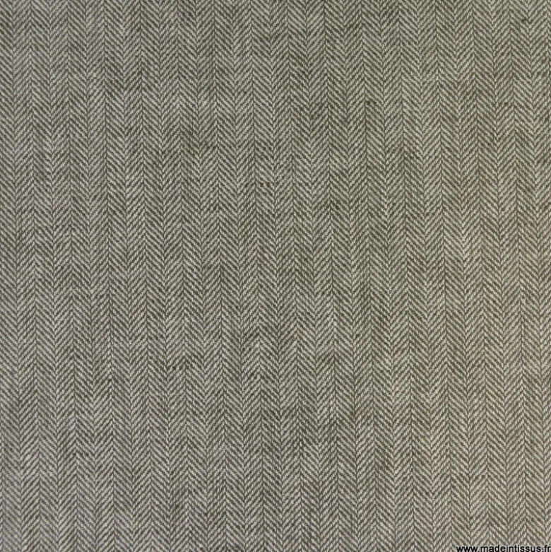 Tissu coton lin kaki à petits motifs chevrons