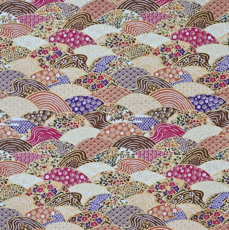 Tissu coton lourd Paysage Japonais or, rose et violet - OEKO TEX
