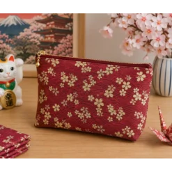 Tissu coton lourd Tatami motif fleurs et vagues japonaises rouge - OEKO TEX